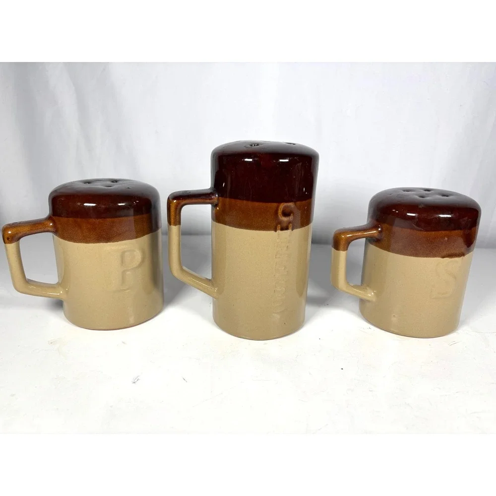 Vintage Ceramic Salt Pepper Cheese‎ Shaker Set Brown Tan Drip Glaze Japan